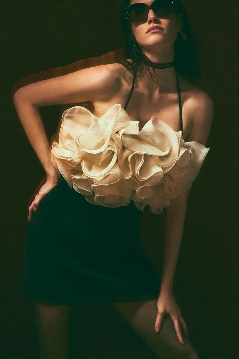 Black White Prom Dress 3D Flower Sexy Halter Sleeveless  Backless Short Mini Formal Wedding Evening Robe Banquet Bridal Gown