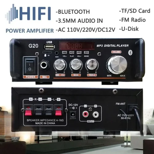 Amplificador Digital inalámbrico Bluetooth de alta fidelidad, 110V/220V, G20, Subwoofer HiFi, reproducción de sonido para cine en casa con Control remoto