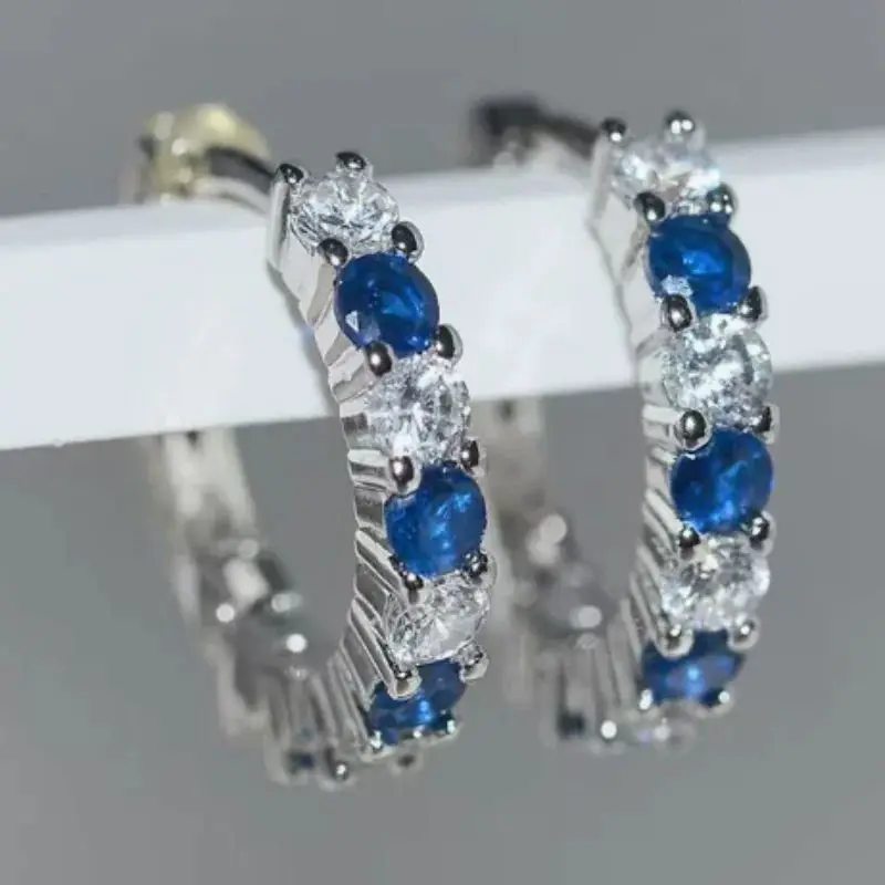 Elliptical New Sparkling Blue and White Klein Zircon Simple Sparkling Luxury Ear Buckle High end Exquisite Gift Fashion Jewelry