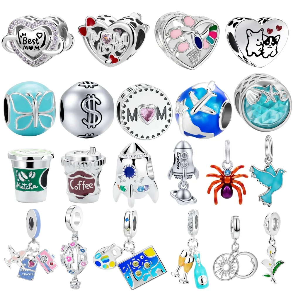 2026 New 925 Sterling Silver Original Pendant Heart Cup Airplane Camera Design DIY Beads Bracelet Accessories Jewelry Charms