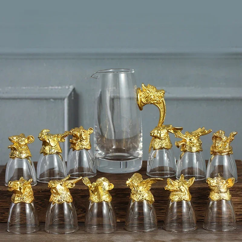 2024 12 Chinese Zodiac Animal Head Liquor Glass Set Crystal Glass Liquor Set Small Wine Glass One Mouth Cup Household