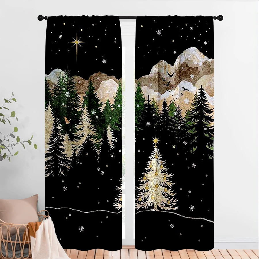 2PCS Digital Print Curtains, Night Forest Snow Mountain Golden Christmas Tree Star Birds, Dark Fantasy Collage Style - Christmas