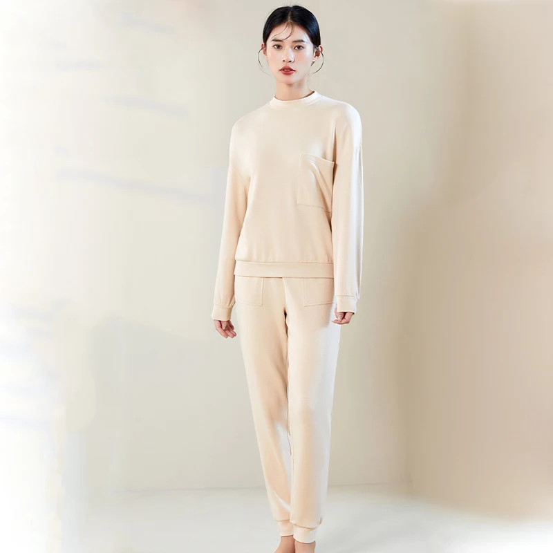 Women's Fleece-Lined Mulberry Silk Pullover Loungewear, Cozy Autumn & Winter Homewear