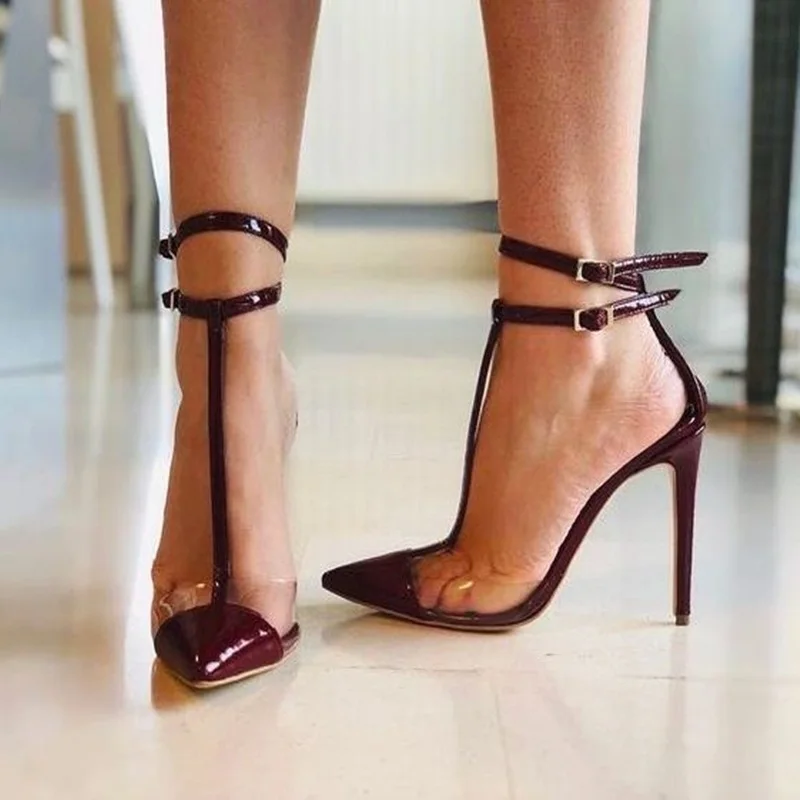 

Clear PVC Patchwork Double Strap Women Pumps Size 45 Party Footwears Burgundy Patent Leather Pointed Toe T Strap High Heel Shoes