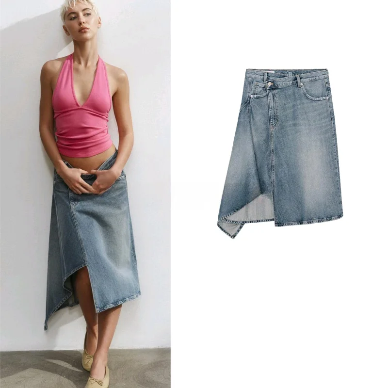 

Весенняя женская джинсовая юбка в повседневном стиле с металлическими пуговицами и молнией, средней посадкой, асимметричным подолом, стандартного кроя, из полиэфирного волокна