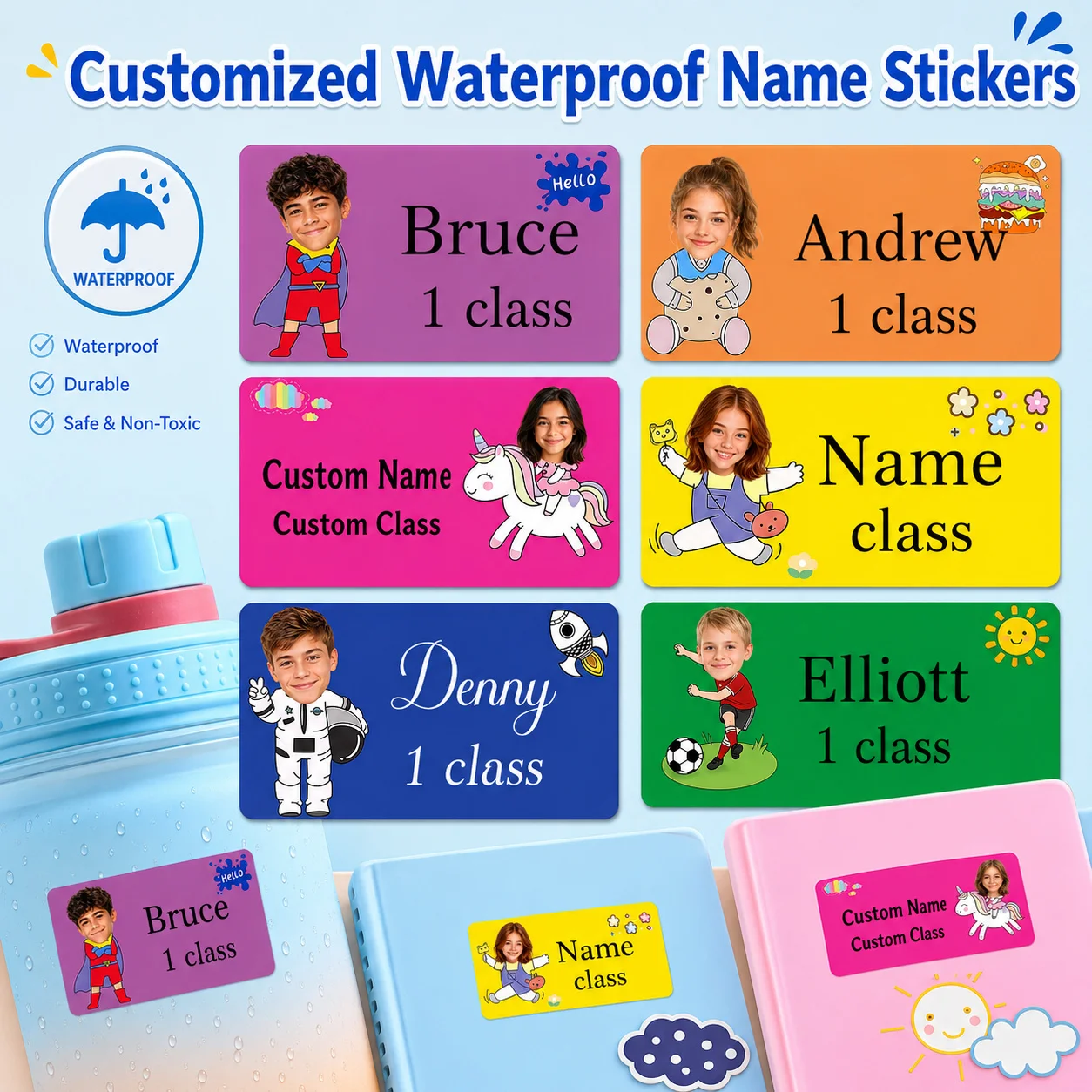 Customized Back-To-School Photo Name Stickers Customized Square Half-Portrait Photo Labels Personalized Labels for Schools, Offices, Water Bottles, Pencils - Non-Curling Adhesive Waterproof Name Tags School Classroom Backpacks Luggage Back-To-School Gift for Son or Daughter