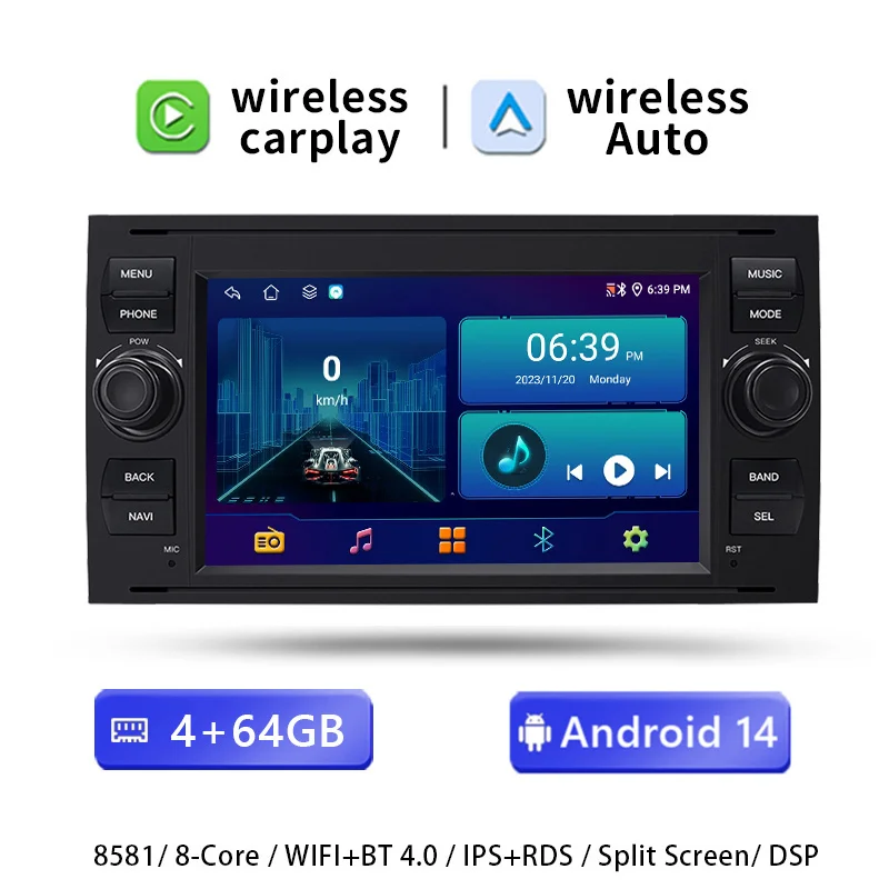 7"2 Din Draadloze Carplay Android 14 Auto Voor Ford Focus 2 Ford Fiesta Mondeo 4 C-Max S-Max Fusion Transit Kuga Galaxy Radio Multimedia GPS 4G Wifi Video Stereo Scherm Hoofdunit