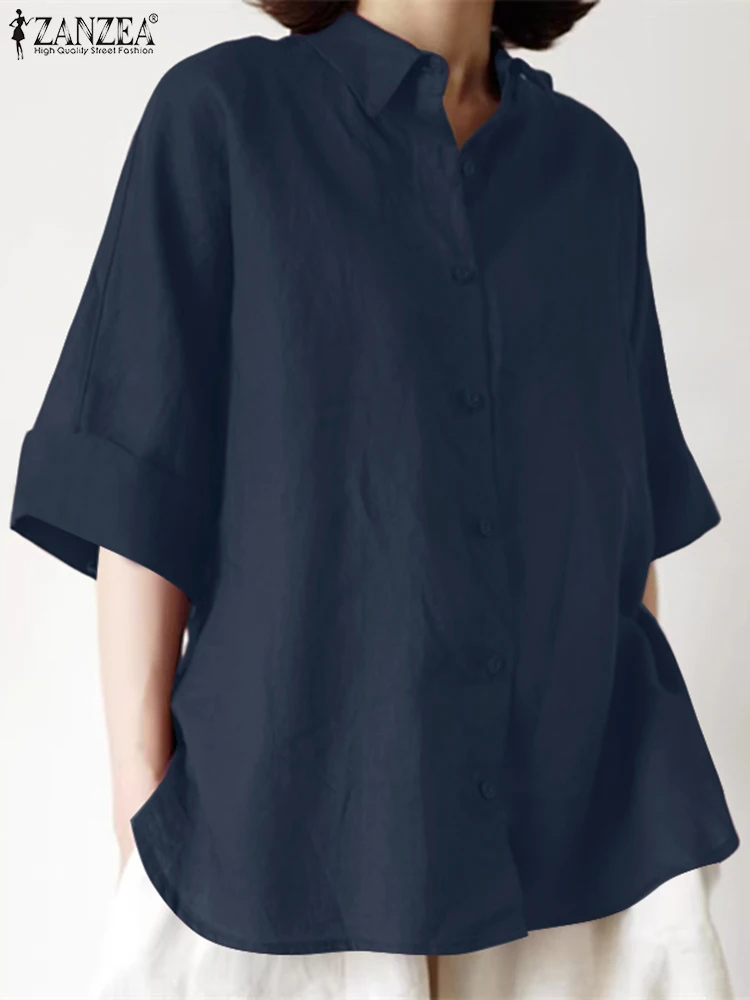 Stylowe damskie koszule ZANZEA Jesień Lato Bluzki 2025 Vintage Kołnierzyk z klapami Rękaw 3/4 Koszula do pracy Jednolite cienkie topy Oversize Chemise