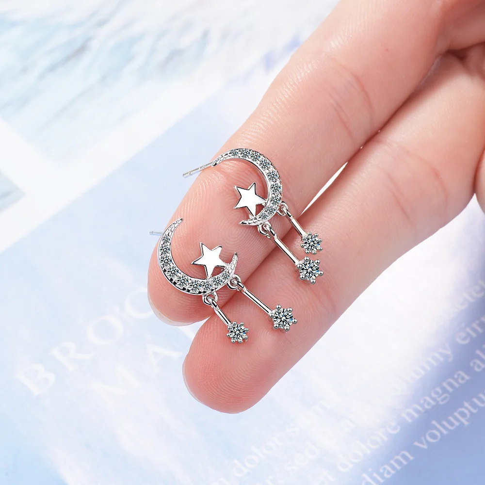 

925 Sterling Silver Star Moon Zircon Piercing Stud Earrings For Women Elegant Luxury Jewelry Argent 925 Prevent Allergies