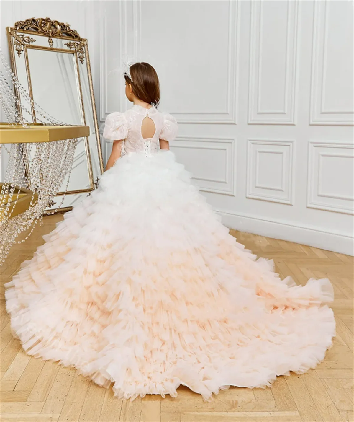 Vestido de niña de las flores rosa en capas, apliques brillantes de tul, vestido de boda elegante, primer vestido de fiesta de cumpleaños eucarista para niños