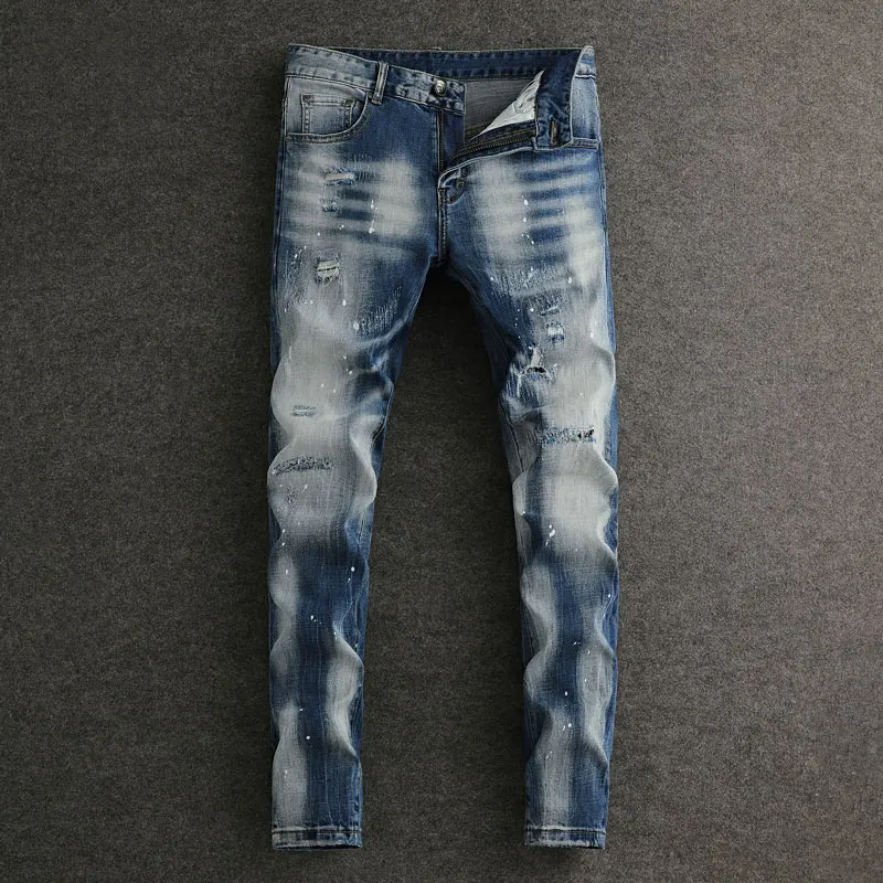 

Street Fashion Men Jeans Retro Light Blue Stretch Slim Fit Ripped Jeans Men Painted Designer Vintage Casual Denim Pants Hombre