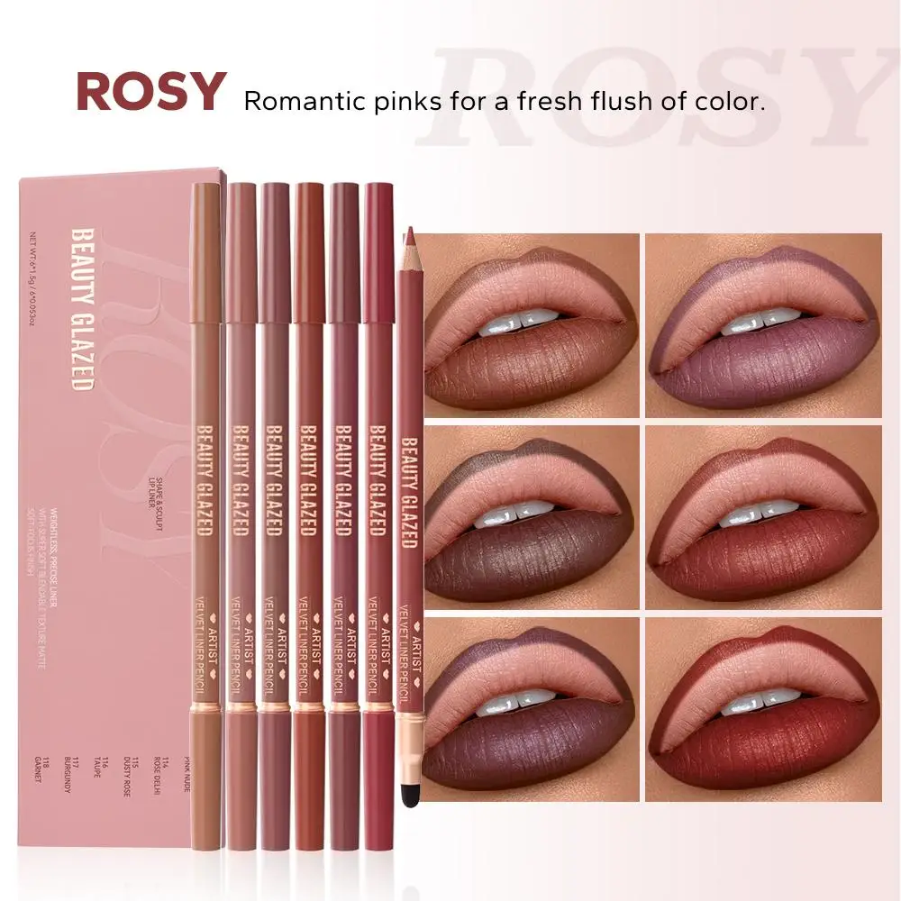 Beauty Glazed 6Pcs Set Double Head Artist Velvet Lipliner Pencil With Sponge brush,Weightless Blendable Texture Matte