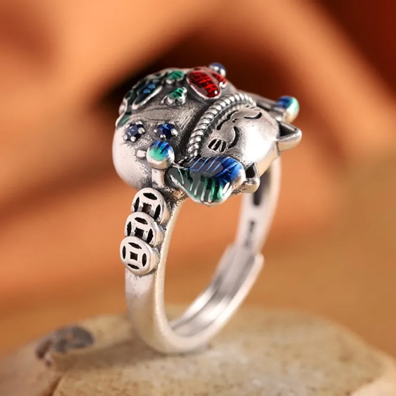 S925 Sterling Silver Rings for Women New Women's Fashion Enamel Ancient Coins Lucky Cat Pure Argentum Jewelry