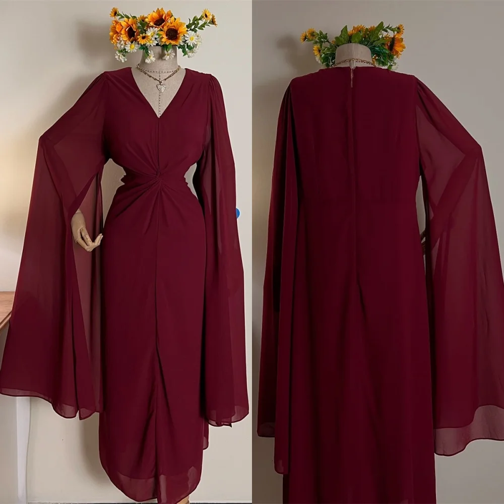 

Customized Delicate Burgundy Chiffon Evening Dress Exquisite V-Neck Long Sleeves Zipper Back Mermaid Special Occasion Gowns