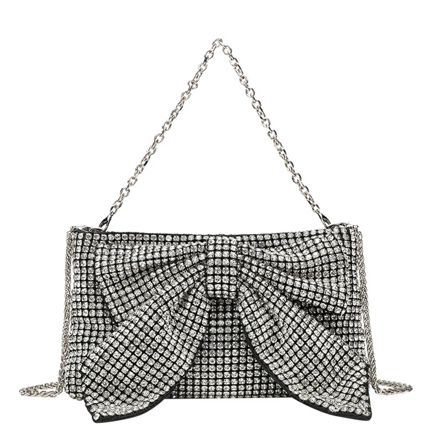 

Блестящая сумочка-клатч с цепочкой, сумка через плечо, украшенная стразами, ручной работы, для банкетов, роскошные дизайнерские вечерние сумки с бантом.