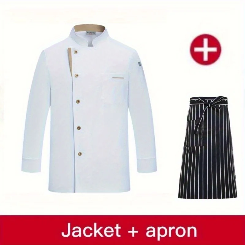 Conjunto de uniforme de chef de 2 piezas, chaqueta de cocina de manga larga con delantal para restaurantes, ropa de trabajo transpirable para cocinar y servicio de comida