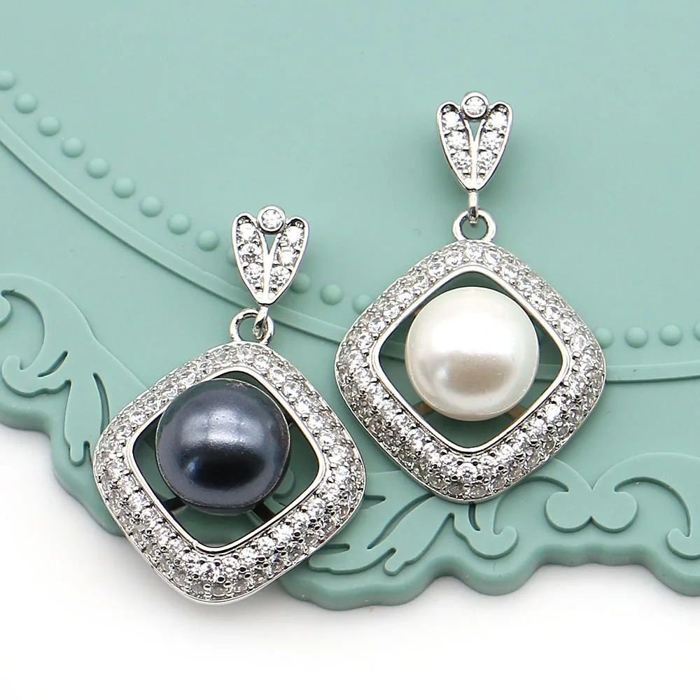 Square Rhombic Inlaid Shell Pearl Pendant Electroplated Imitation Pearl Design DIY Necklace and Earring Jewelry Accessories