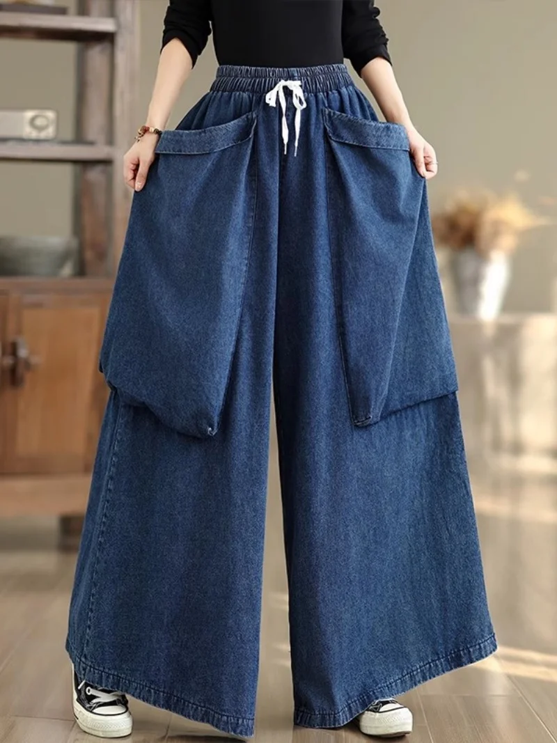 Cowboy Wide Leg Pants Loose Solid Color Fashionable And Stylish Multi-Pocket Casual Denim Straight Jeans Oversized w1098