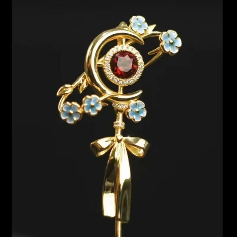 Delicate Blue Flower Moon Staff Pin Gold Metal Ruby Center Brooch Fashion Bag Collar Clip Jewelry Magical Girl Gift
