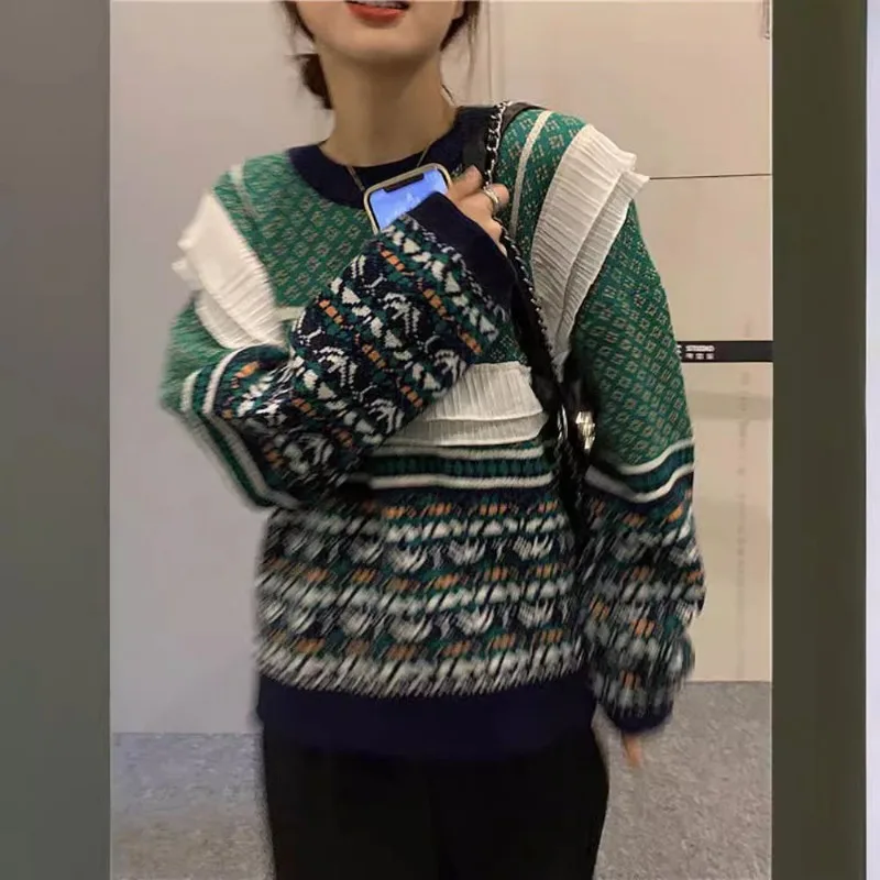 Women Korean Trend Vintage Patchwork Contrasting Colors Knitting Sweater Women Clothes Vintage Pullover Long Sleeve Sweater Card
