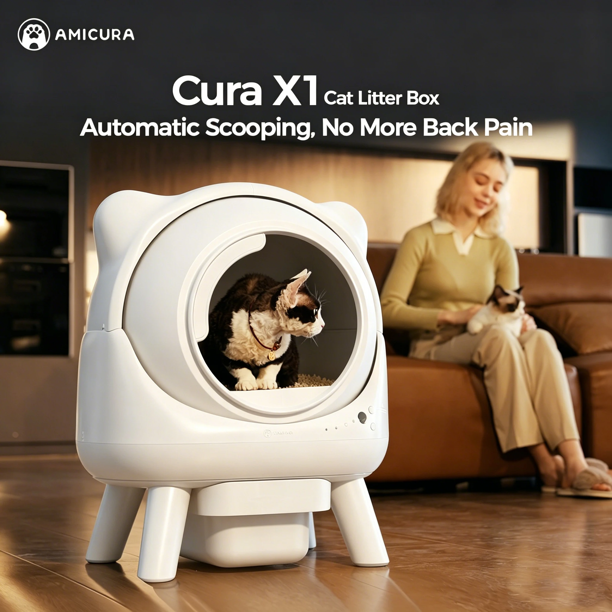 Bac à litière ouvert électrique autonettoyant pour chat, grande capacité 80L, tapis pour litière pour plusieurs chats, contrôle par application Amicura-X1