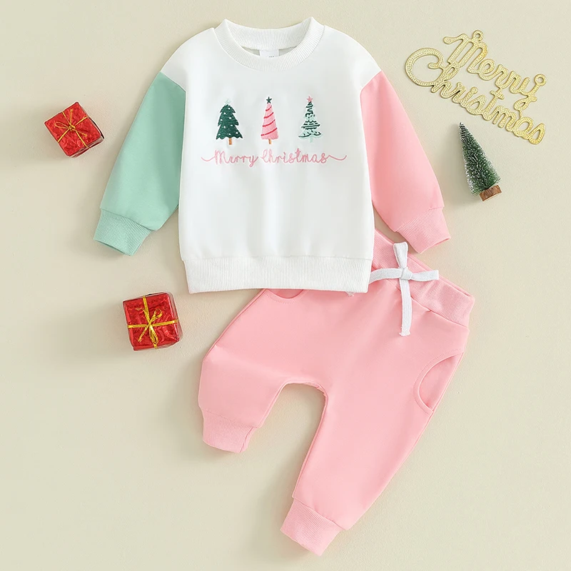 

Suefunskry Sweet Baby Girls XMAS Outfits Christmas Tree Embroidery Contrast Color Long Sleeve Sweatshirt and Pants 2Pcs Fall Set