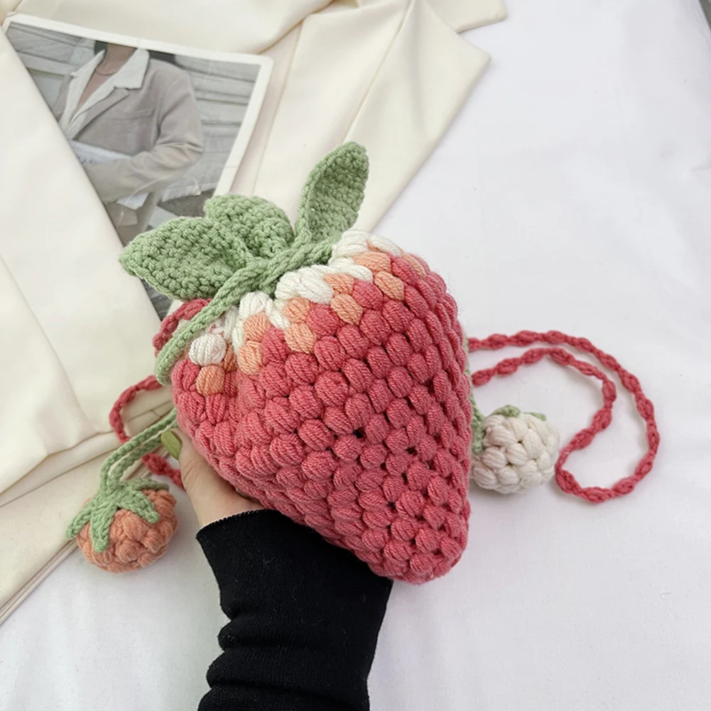 Women Shoulder Bag Cartoon Kawaii Strawberry Shape Designer Handbag DIY Cotton Woven Crossbody Bag Girls Cute Fruit Knit Purse