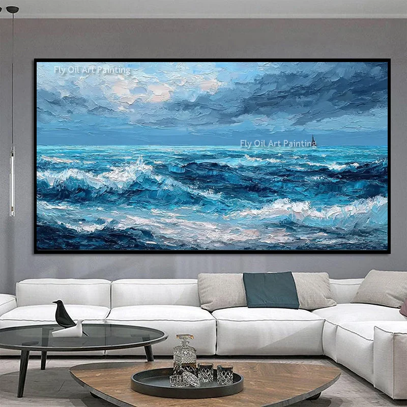Large Hand Painted Palette‑Knight Ocean View Thick Canvas Wall Art Moody Seascape Oil Painting For Modern Home Decor
