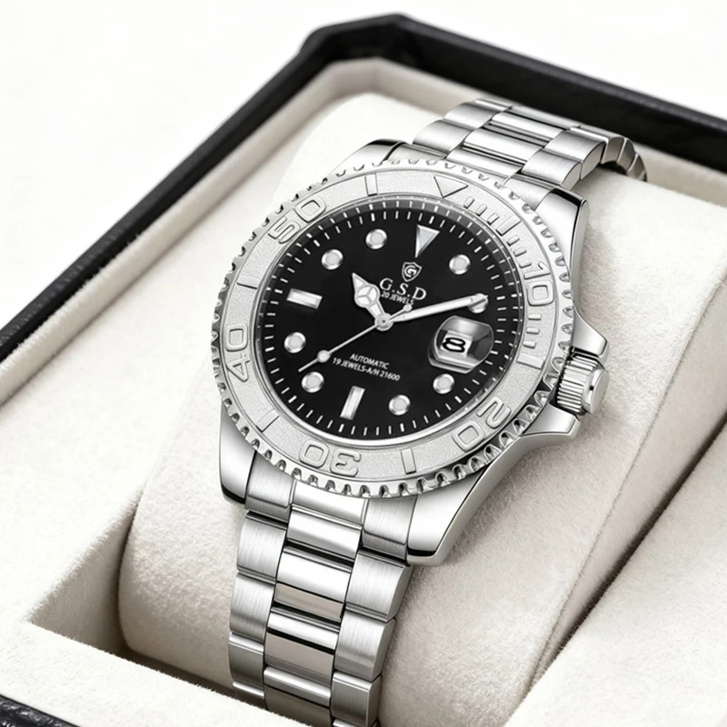 

A men's silver and black classic business-style mechanical watch with a calendar and stainless steel band, fully automatic