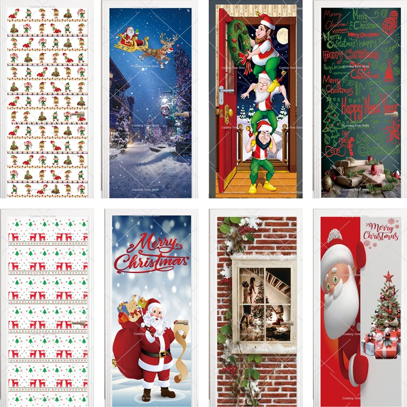 

Shining Christmas Deer 3D Door Stickers Snowman Elk Removable Peel and Stick Door Wallpaper Deco Home Bathroom Room Arts Poster