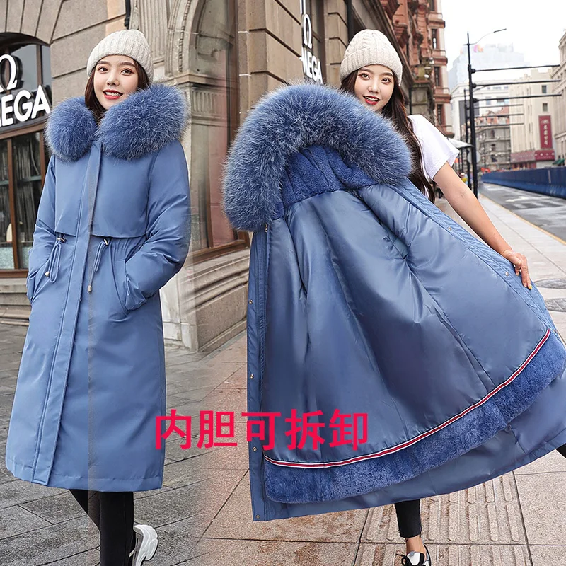 New Winter Calf Long Parkas Jacket Detachable Fur Padded Plush Thicken Warm Coat Women Zipper Thick Fashion Parka Windbreaker