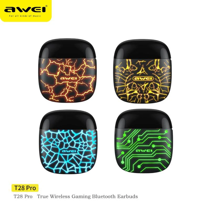 Awei T28Pro TWS fone de ouvido sem fio Bluetooth fone de ouvido fone de ouvido baixo mini fones de ouvido com microfone rgb fone de ouvido para jogos