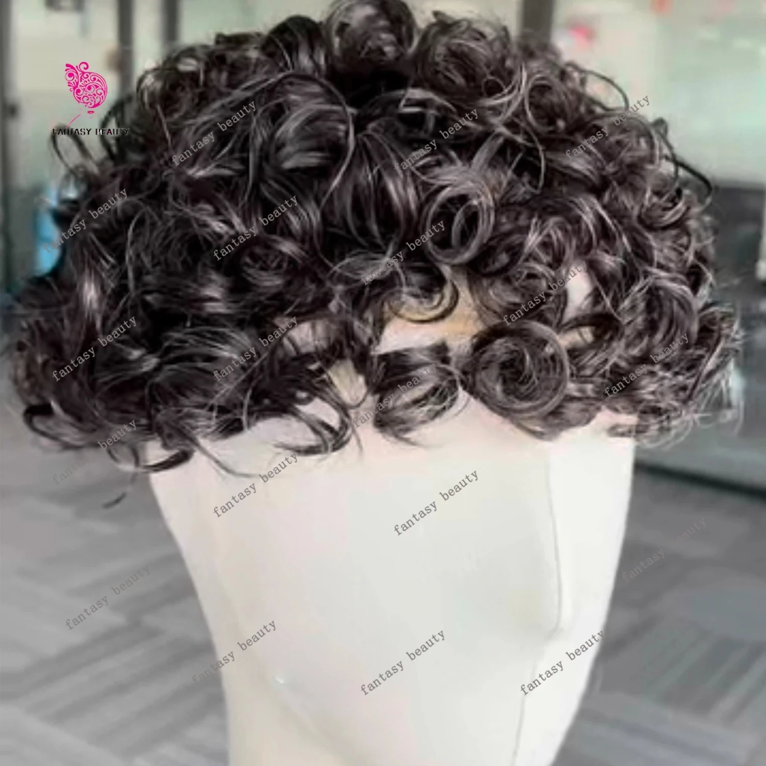 20mm Curly Durable Full PU Thin Poly Skin Grey Men's Toupee 1B40 1B80 Black Brown 100% Human Hair System Replacement Easy Wear