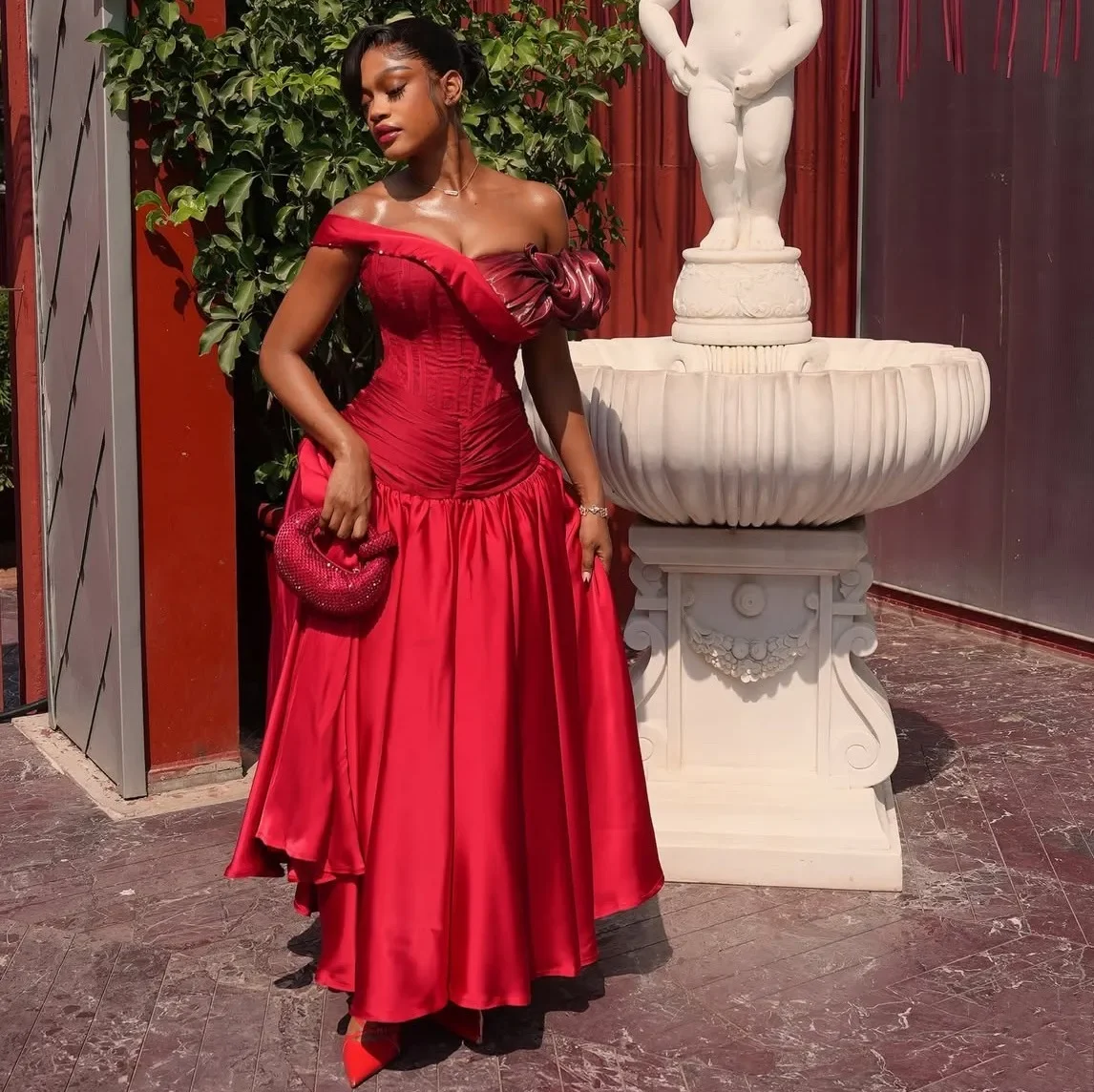 Aso EbiA Ball Gown Sexy Off Shoulder Fold Ankle Satin Tight Corset Evening Dress African Women Wedding Guest Dress Customized