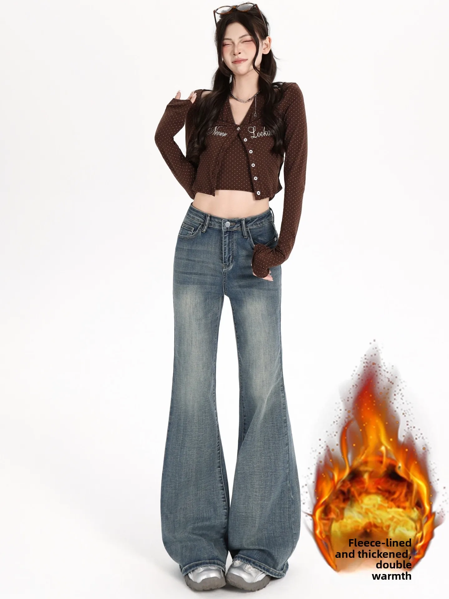 

Джинсы женские больших размеров с флисовой подкладкой, прямые, с высокой талией, эластичные, слегка расклешенные, для повседневной носки