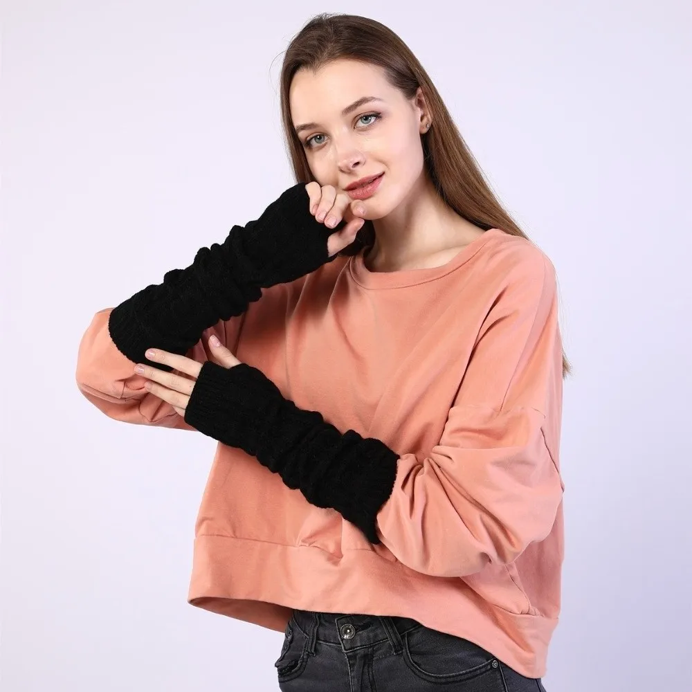 Gothic Solid Color Fingerless Gloves Knit Black Hand Warmer Long Arm Sleeve Arm Wrist Sleeve Women