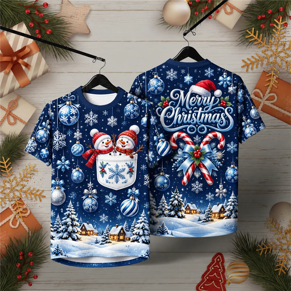 Christmas Snowman and Holly Wreath Graphic T Shirt for Men Microfiber Short Sleeve Casual Tee with Festive Stars and Presents