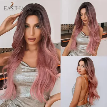 Easihair Ombre Roze Lange Golvende Synthetische Pruiken Midden Deel Hittebestendige Natuurlijke Haar Pruiken Voor Vrouwen Daily Party Schip Uit frankrijk