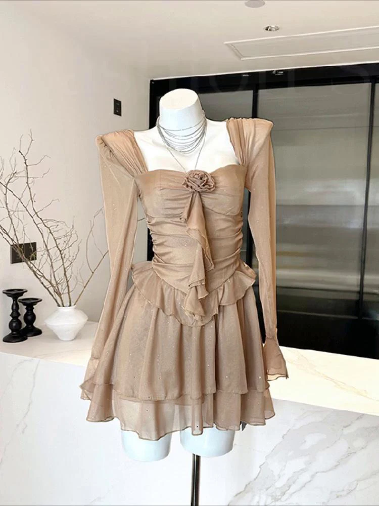 

Autumn French Vintage Gyaru Mori Girl Prom Gown Mesh Dress Women 2000s Evening Frocks Long Sleeve Square Collar One-Piece Party