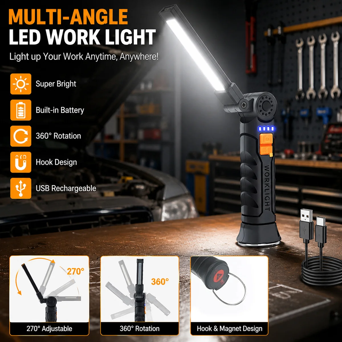 Portable COB LED Flashlight Rechargeable Work Light with Magnetic Lanterna Hanging Lamp with Built-in Battery Camping Torch