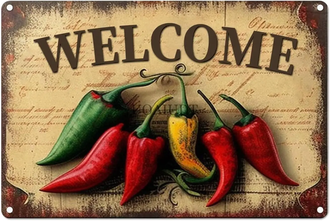 Póster metálico retro de bienvenida con chiles, decoración de cocina con chiles, placa vintage, decoración de pared, regalo para oficina, club, bar, hogar, cocina