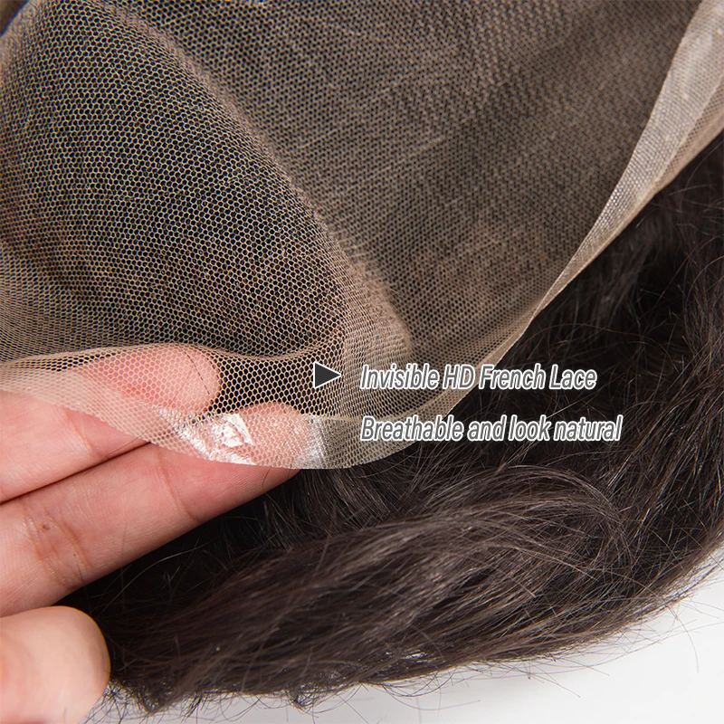 Full French HD Lace Men Hair Toupee parrucca maschile invisibile Bleach Hairline Soft capillare protesis sistema di sostituzione dei capelli per gli uomini