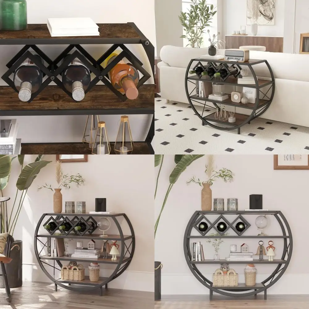 

Vintage Rustic Brown Industrial Console Table with 4-Tier Open Storage and Wine Rack for Entryway, Living Room, and Hallway Disp