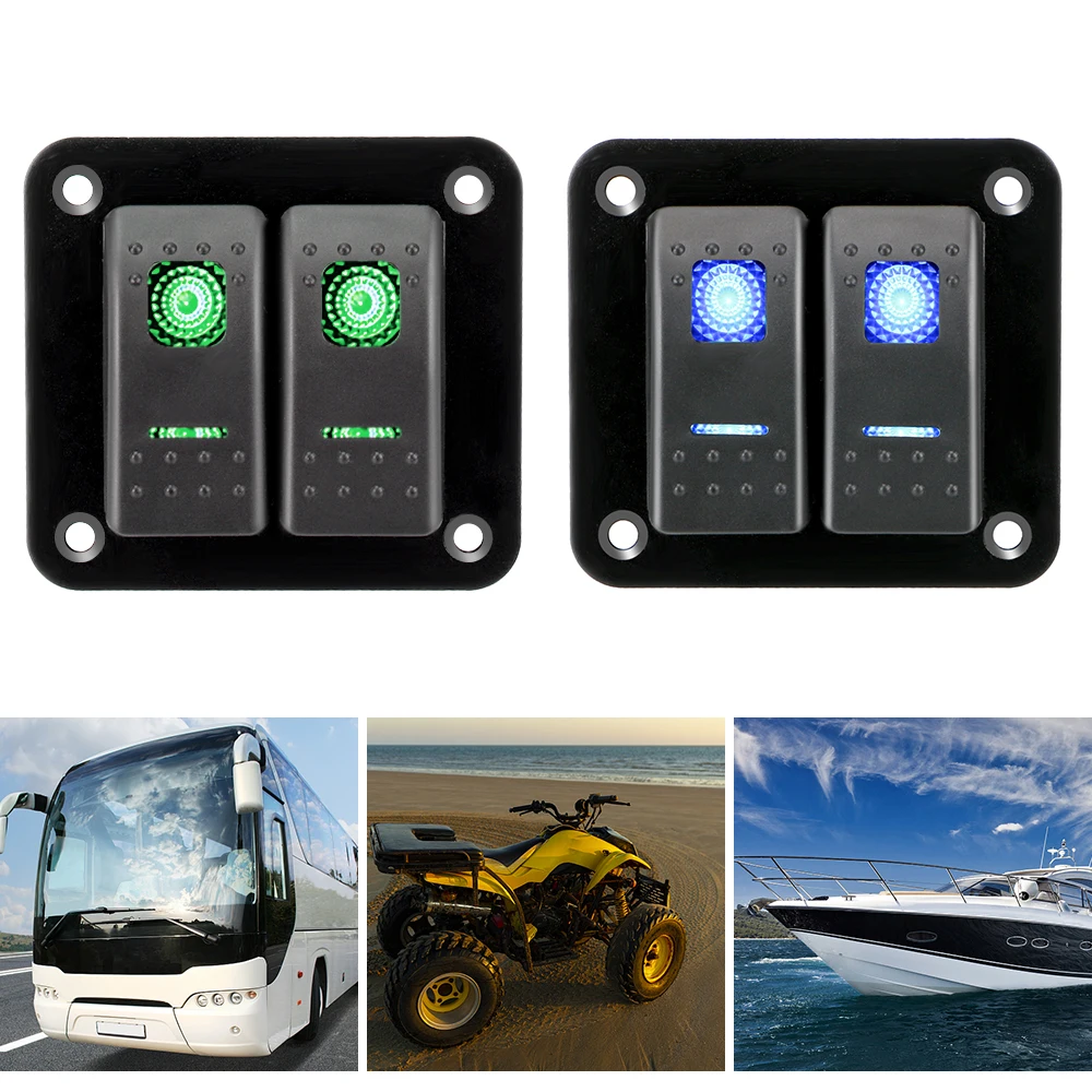 For Car RV Travel Trailer Marine Camper Caravans LED Waterproof Switch Panel 2 Gang Rocker Switch Panel 12-24V Circuit Breaker