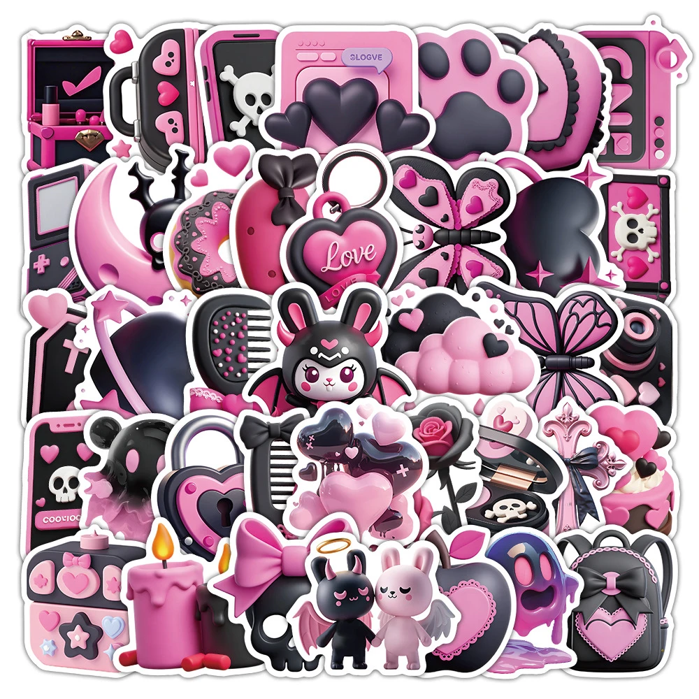 Autocollants 3D de style Ins noir et rose pour filles, décalcomanies de dessin animé Kawaii, autocollant de décoration pour ordinateur portable, bricolage, vente en gros, 10 pièces, 30 pièces, 50 pièces