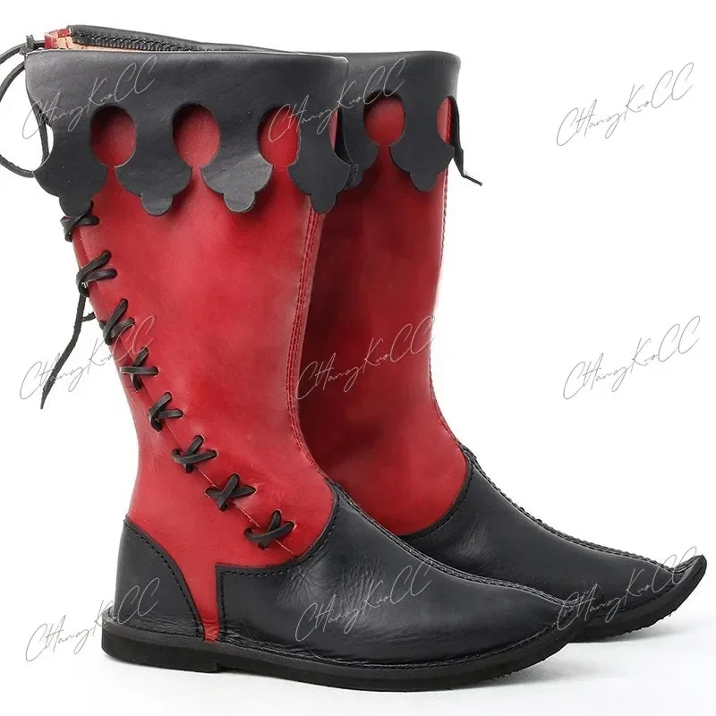 2024 mittelalter liche Pu Leder Renaissance Stiefeletten Gothic Officer Männer Schuhe Wikinger Piraten stiefel Halloween Cosplay Schuhe