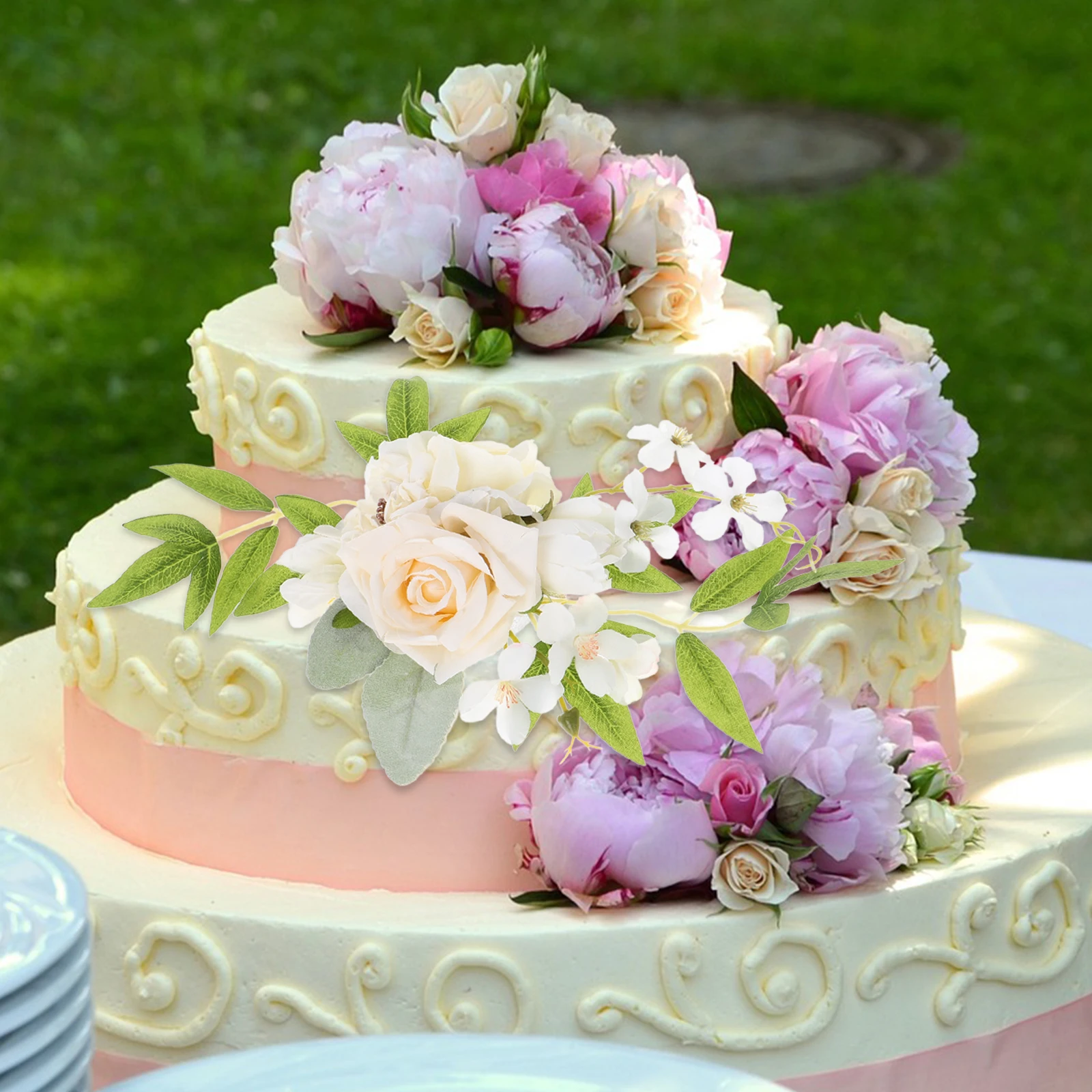 

Satin PU Forest Theme Flower Cake Decoration Lifelike Wedding Birthday Party Toppers Artificial Flowers Faux Leaves