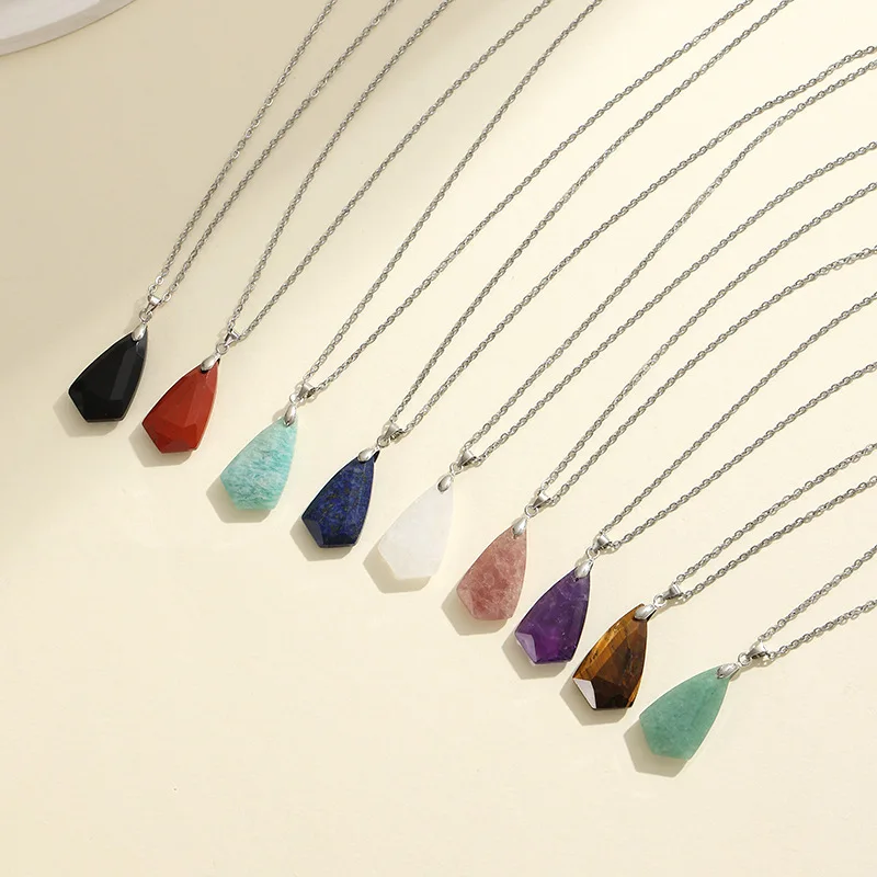 1pc Natural Stone Geometric Shape Pendant Necklace Amethyst Pink Crystal Charm Pendulum Necklace Jewelry Gifts