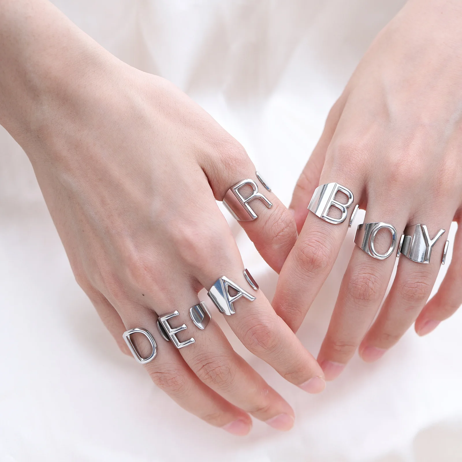 Punk A-Z Letter Initial Name Ring Silver Color Stainless Steel Adjustable Opening Alphabet Rings for Men Women Jewelry Gift