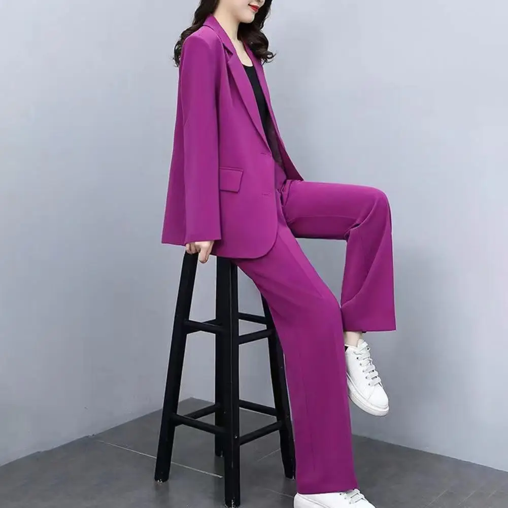 Long-sleeve Top Outfit Formal Business Style Women\'s Coat Pants Suit Set with Lapel Button Closure Cardigan Wide Leg for Work